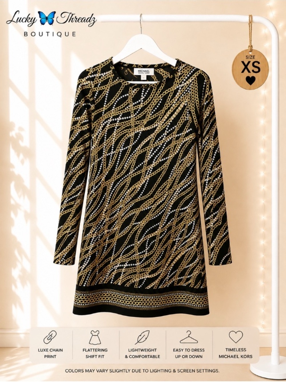 Michael Kors Black & Gold Long-Sleeve XS Shift Dress Mini